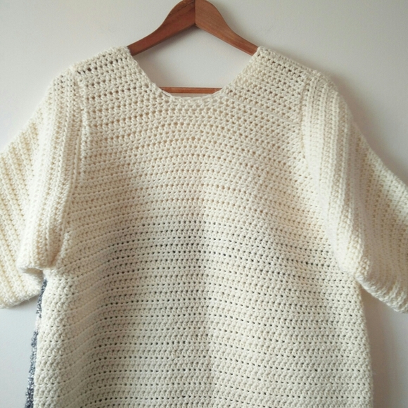 Hand Knit Short Sleeve Cream & Grey Blue Stripped Tunic Sweater - Picture 4 of 13